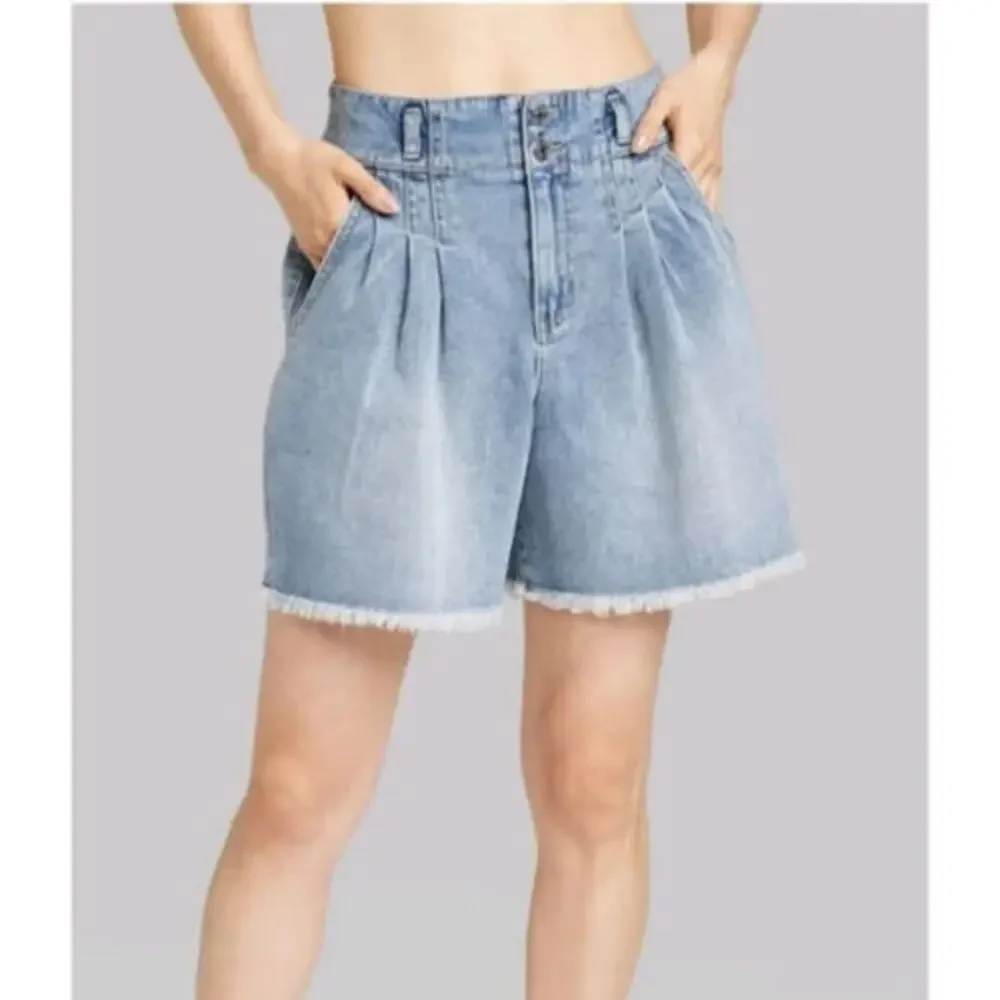 A-Line Denim Jean Shorts Super High Rise Pleated Wild Fable Medium 2‎ Fringe Hem